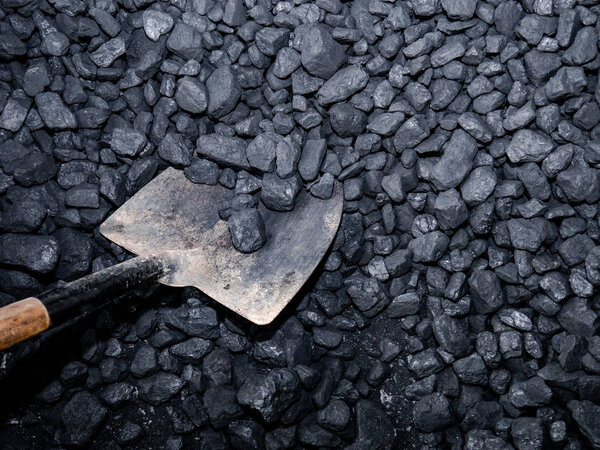 Metal shovel with wooden handle collecting carbon stones from a pile