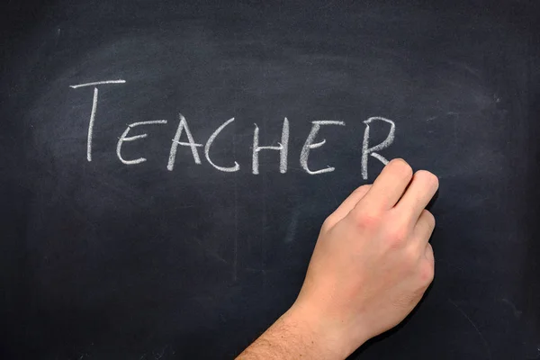 Teacher Hand Writing Word Teacher Blackboard — Stock Photo, Image