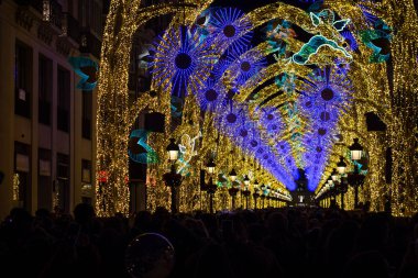 Malaga, İspanya; 12 / 20 / 2019: İspanya 'nın Malaga kentindeki Larios Caddesi' nde Noel süslemesinin bir parçası olan birçok ışık ve onları izleyen bir kalabalık