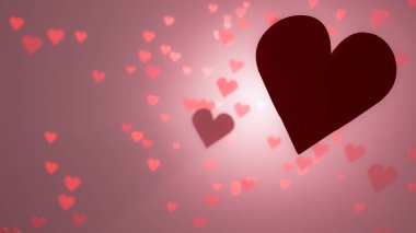 Many red hearts floating in a space of pink fog, emerging from a light and a large dark heart to not be illuminated