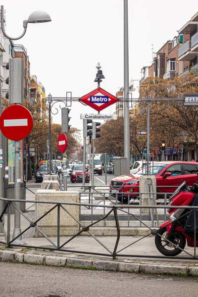 Madrid, Spain; 02 / 11 / 2020: Metro stop of the popular neighborhood of Carabanchel in the city of Madrid, Spain
