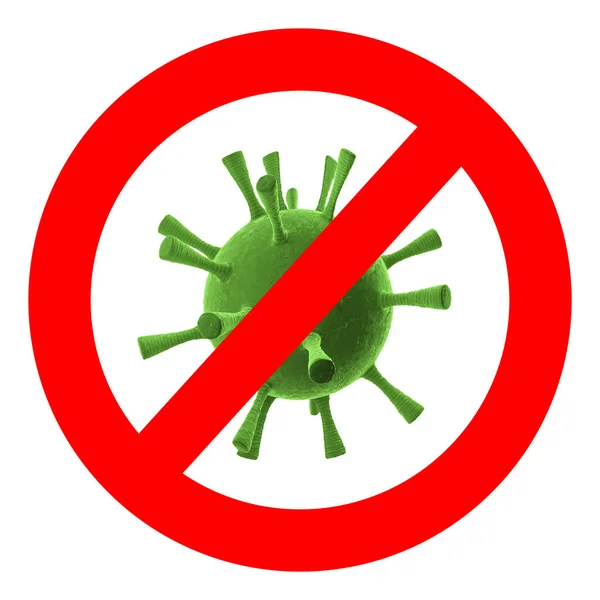 Red Prohibition Symbol Green Spherical Virus Long Legs White Background — Stock Photo, Image