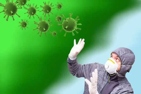 Чоловік Капюшоном Маскою Рукавичками Здивований Нападом Зелених Сферичних Вірусів Довгих — стокове фото