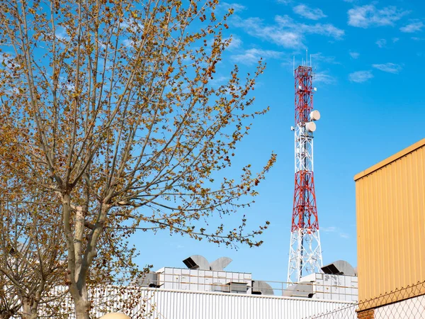 Rot Weiße Telekommunikationsantenne Ragt Zwischen Bäumen Und Industriegebäuden Hervor — Stockfoto
