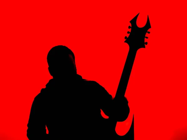 Guitarrista Com Heavy Metal Guitarra Apontada Com Cabeçalho Chifrudo Fundo — Fotografia de Stock