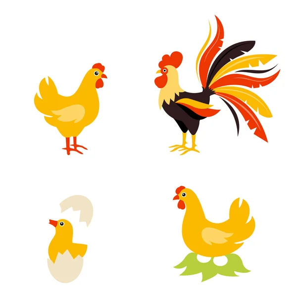 Cute Cartoon hen rooster and chicken baby. — Stock Vector