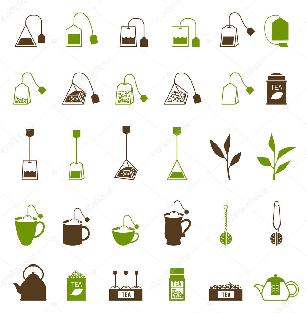Coffee and Tea cup icon. Teapot and tea bag, tea ceremony. Fresh tea and green leaves.