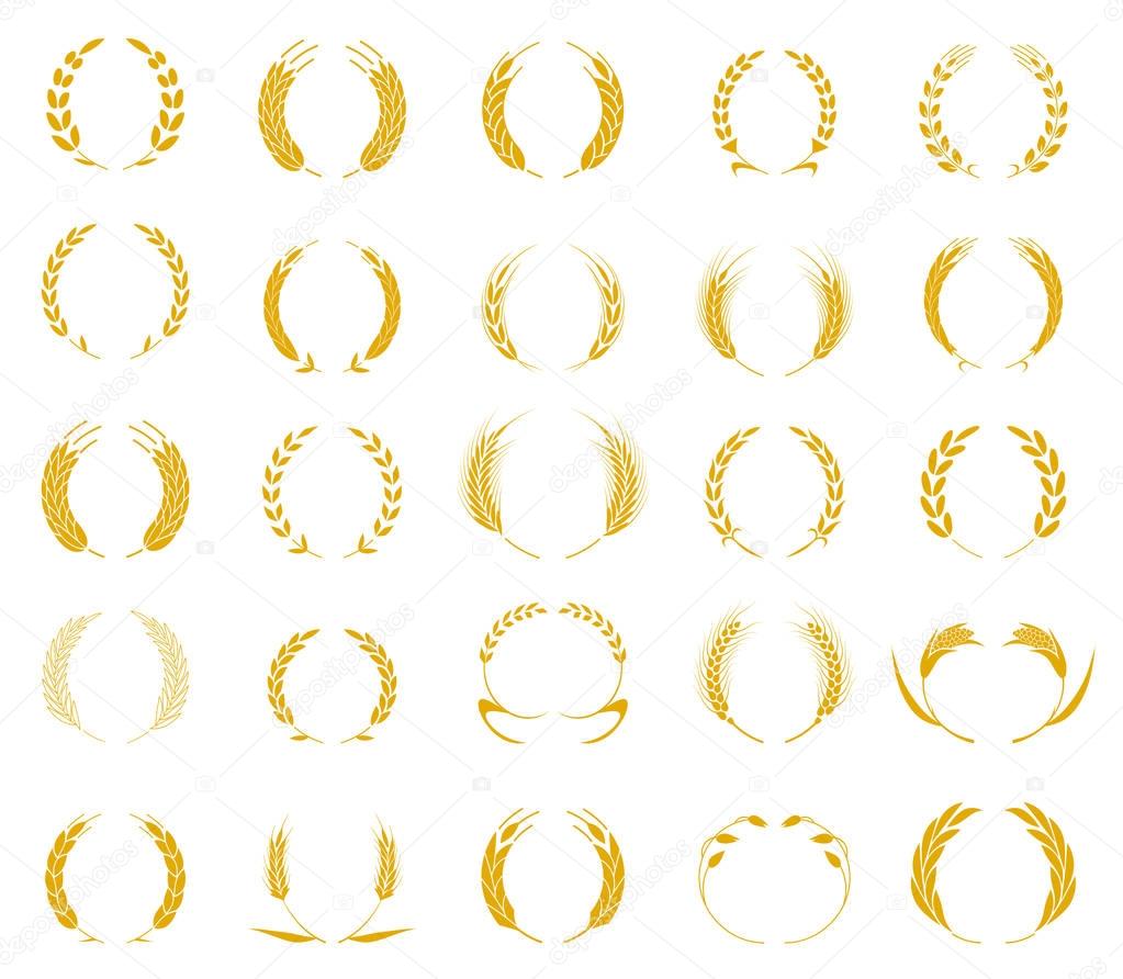 Concept for organic products label, harvest and farming, grain, bakery, healthy food. Agricultural symbols isolated on white background.