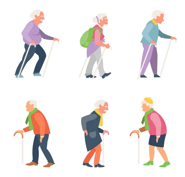 Caminar nórdico. Viajeros de edad con bastones . — Vector de stock