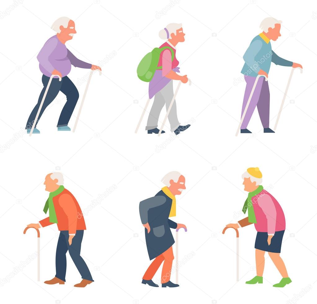 Nordic walking. Old people travelers with canes.