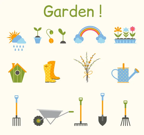 Set of various gardening items. Garden tools. — Stock Vector