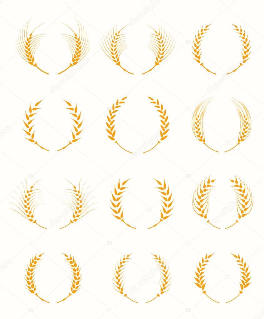 Agricultural symbols isolated on white background. Agriculture grain, organic plant, bread food. Design elements for bread packaging. Set of silhouette circular laurel foliate and wheat wreaths.