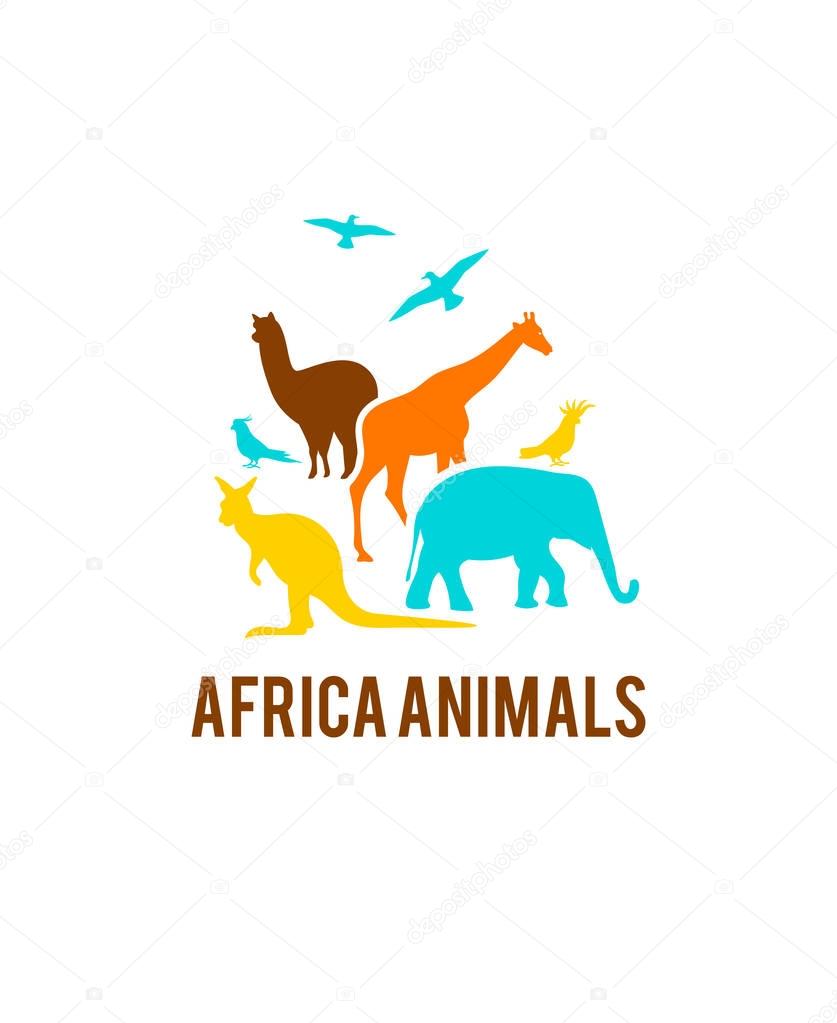 Logo of African animals. A group of animals are grouped together on a white background. Use it for a zoo or friends concept.