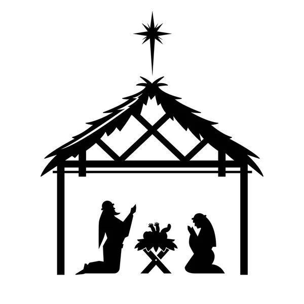 Maria en Jozef bidden over de pasgeboren Jezus. — Stockvector