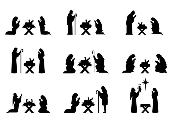 Jesus and Mary pray on their knees in the manger. — Stock Vector