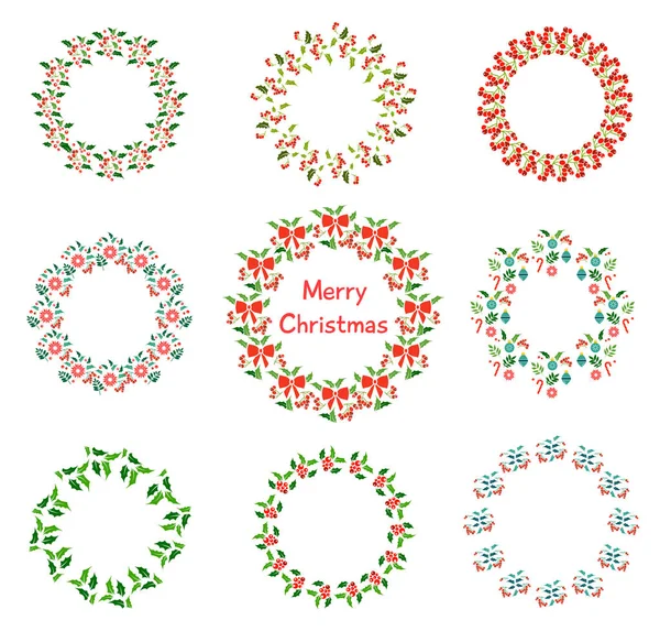 Corona de Navidad con flores de invierno. Ilustración vectorial dibujada a mano . — Vector de stock