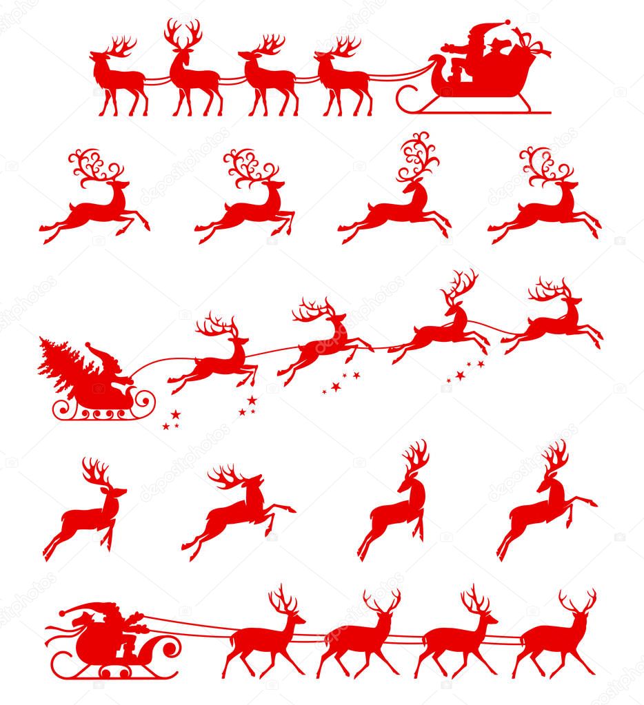 Santa Claus silhouette riding a sleigh with deers.