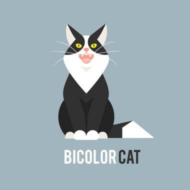 Black and white Cat in a flat style on a blue background. clipart