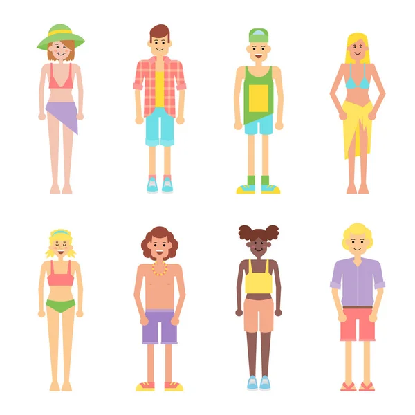 Ensemble de personnes de bande dessinée en vêtements d'été . — Image vectorielle