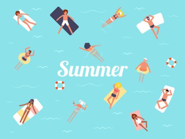 Yaz Yüzme Havuzu sezon arka plan insanlar vektör karakter. Tropikal plaj poster.