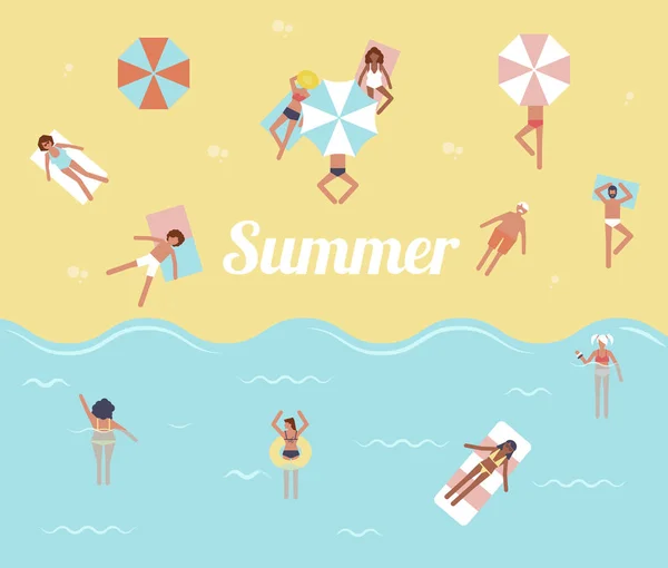 바다에 있는 사람들. 안녕하세요 여름. 수영장입니다. 열 대 해변 포스터. — 스톡 벡터