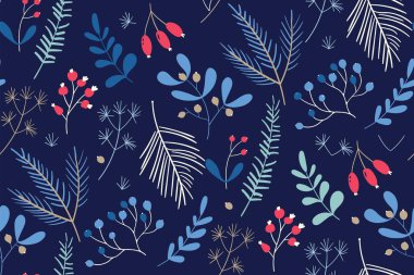 Yeni yıl, yeni yıl, kusursuz kış şablonu. El çizimi çiçek vektörü. Duvar kağıtları, yüzey dokuları, kumaş izleri için kullanılabilir. Mavi arka planda, böğürtlenler, ladin dalları.