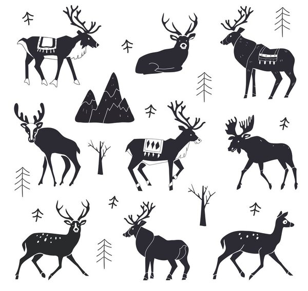 Set of reindeer silhouettes. Vector illustration isolated on a white background. Forest animals. Christmas animals. illustration of elk.