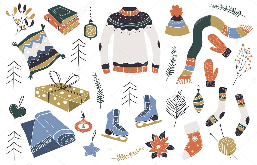 Christmas design elements. Scandinavian style. Christmas decoration. New year icon set. Vector illustration. This illustration can be used as a greeting card, poster or print.
