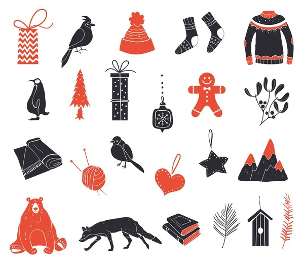 Iconos de Navidad planos. Año nuevo icono conjunto. Conjunto de símbolos navideños . — Vector de stock