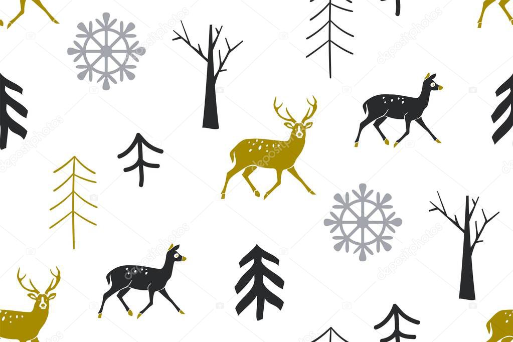 Christmas pattern with snowflakes trees and deer. New Year s Christmas texture.