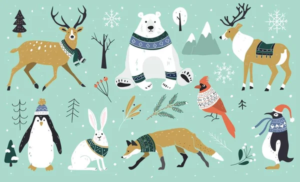 Karácsonyi állatok az erdőben, medve, róka, nyúl, rénszarvas, pingvin. Skandináv stílus.Téli állatok pulóverben és sálban. Kézzel rajzolt karakterek rajzfilm lapos design. — Stock Vector
