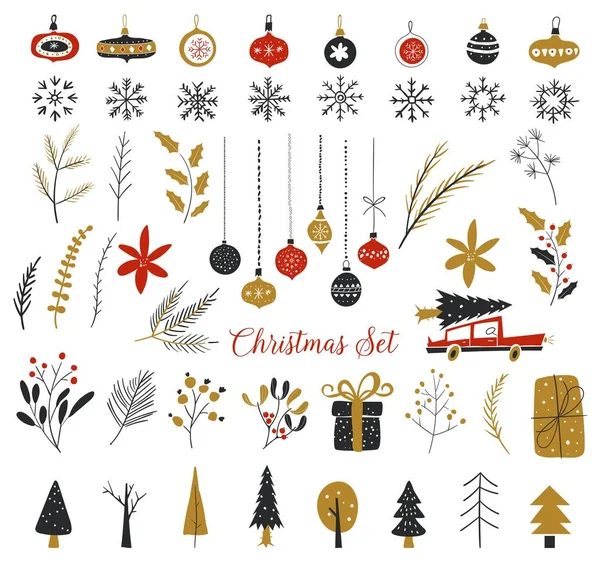 Natale, elementi di design di Capodanno. Mano disegnata isolata su sfondo bianco. Set di icone invernali. Set di giocattoli di vetro di Natale. Fiocchi di neve disegnati a mano sagome . — Vettoriale Stock