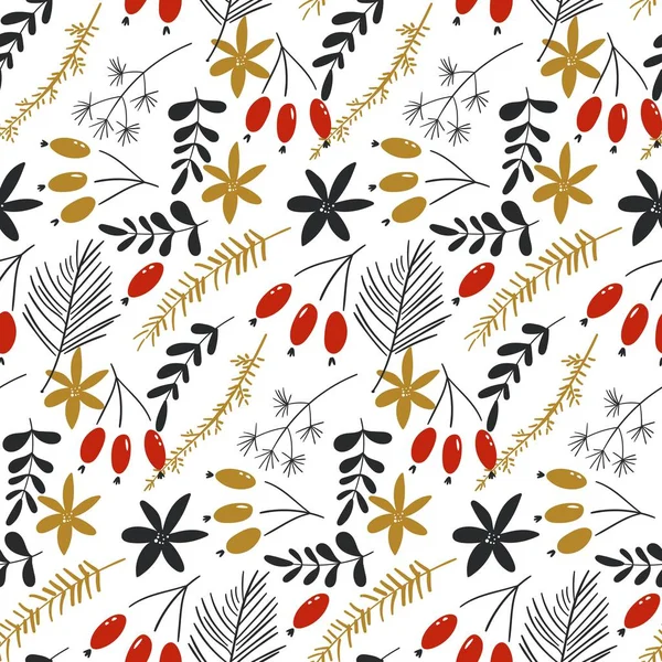전통적 인 크리스마스 꽃무늬가 있는 벡터 바다없는 패턴. 크리스마스 나무 가지와 열매를 손으로 뽑았습니다. 벽지, 패턴채우기, 웹 페이지 배경, 표면 질감에 사용됩니다.. — 스톡 벡터