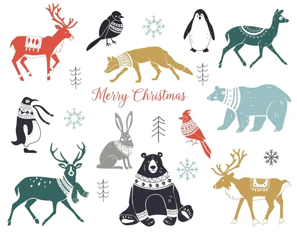 Cute hand drawn winter animals set in sweater, scarf and hat. Silhouettes of wild animals in scarves with ornaments. Scandinavian style. — Stock Vector