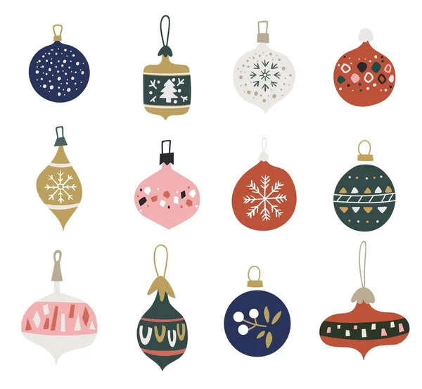 Set natalizio con palline e palline. Giocattoli di vetro di Natale. Palle pendenti con vari modelli, disegnati in stile scandinavo. Stile piatto . — Vettoriale Stock