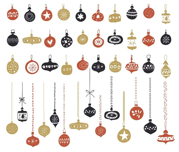 Een set kerstspeelgoed van glas. Heldere kerstbal Hangende ballen met verschillende patronen, getekend in Scandinavische stijl. Vlakke stijl. Vector illustratie. Nieuwjaarselementen. — Stockvector