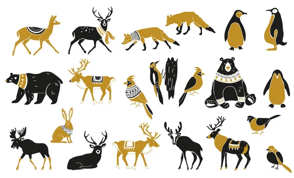 Ensemble de silhouettes d'animaux d'hiver. Ensemble d'éléments scandinaves de Noël. Design rétro nordique. Objets d'illustration vectoriels isolés. Animaux et oiseaux sauvages forestiers. Illustration vectorielle dessinée main . — Image vectorielle