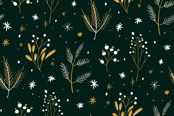 Christmas and Happy New Year seamless pattern. Hand drawn floral winter texture with christmas tree branches and berries. — 스톡 벡터