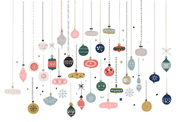 Bolas de Navidad. Juguetes decorativos de invierno. Conjunto de elementos decorativos vectoriales. Juguetes de Año Nuevo estilo dibujado a mano. Juguetes de Navidad cuelgan de un árbol de Navidad . — Vector de stock