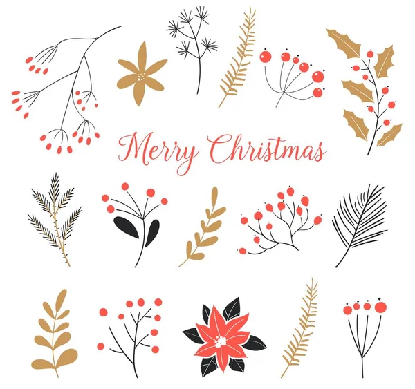 Set of christmas vector elements isolated on white background. Hand drawn winter holiday and christmas elements and floral arrangement in traditional colors. — Stock Vector