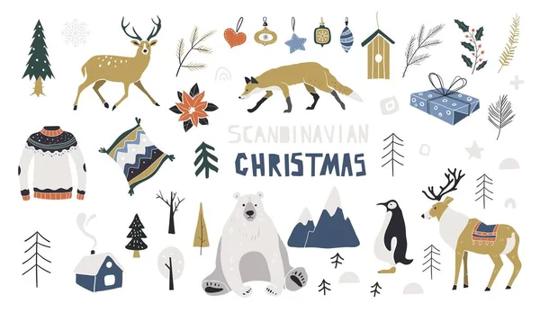 Skandinaviska julillustrationer. God jul kollektion. Vektorelement. Norra vinterskogen, gåvor, renar, vinterkläder, nyår. Vektorgrafik