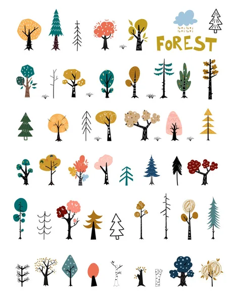 Arbres d'automne. Arbres fruitiers dans un style plat. Forêt d'automne. Style scandinave . — Image vectorielle