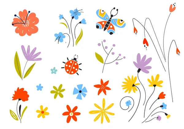 Σύνολο από διανυσματικά πολύχρωμα ανοιξιάτικα λουλούδια. Διακοσμητικά στοιχεία του Πάσχα σε επίπεδο στυλ. Φύλλα από κλαδιά και φυτά. Floral στοιχεία. — Διανυσματικό Αρχείο