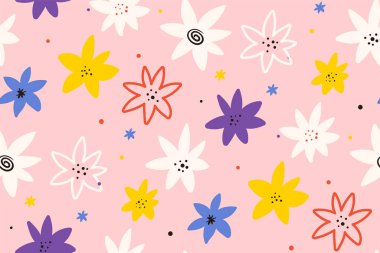 Tatlı yaz geçmişi. Soyut çiçeksiz desenler. Moda el yapımı desenler. Modern tasarım, kağıt, kapak, kumaş. Pembe arka planda çok renkli çiçekler. Bahar yabani çiçekleri.