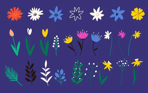 Collection de fleurs dans un style plat. Fleur sauvage, tulipe. Vecteur botanique. Eléments de design. Ensemble de fleurs décoratives. Illustration de la nature fleur printemps et été dans le jardin . — Image vectorielle