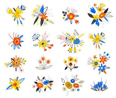 Çiçek buketi tasarımı. Çilekli, yeşil yapraklı ve dallı çiçek tomurcukları. Beyaz arka planda izole edilmiş bahar çiçekleri. Paskalya dekoratif unsurları. El çizimi botanik vektörü.