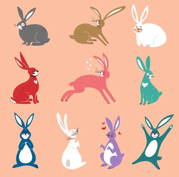 Vector set van schattige konijnen in cartoon stijl. Konijnen in tekenfilmstijl. Vector illustratie. Teken vector illustratie set ontwerp van konijn. Doodle stijl. Konijntje, leuke karakters. — Stockvector