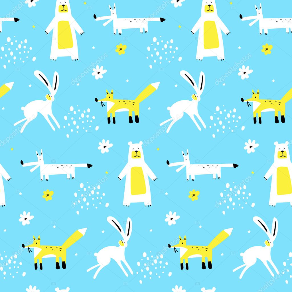 Vector seamless patterns with hand drawn forest animals, flowers and plants. Vector baby cute pattern, forest animals. Creative kids forest texture for fabric, wrapping, textile, wallpaper, apparel.