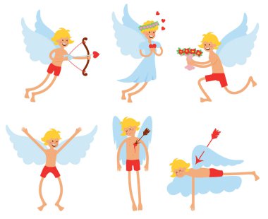Sevgililer Günü Melekleri çizgi film stili vektör çizimi. Aşk tanrısı, çiçekler verir, okla delinir, okla öldürülür. Vektör çizimi. Beyaz arkaplan.