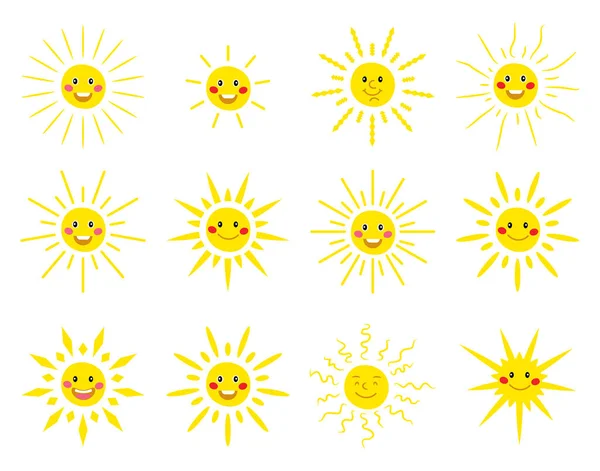 Roztomilý Vektor Sadu Ikon Slunce Legrační Šťastná Smiley Sluncí Šťastný — Stockový vektor